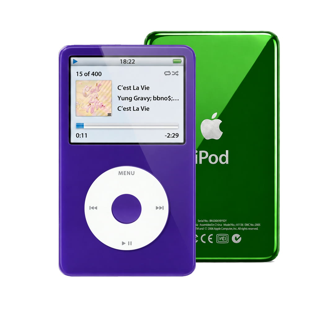 Purple refurbished iPod Video 5.5 Gen with White click wheel and Green back plate