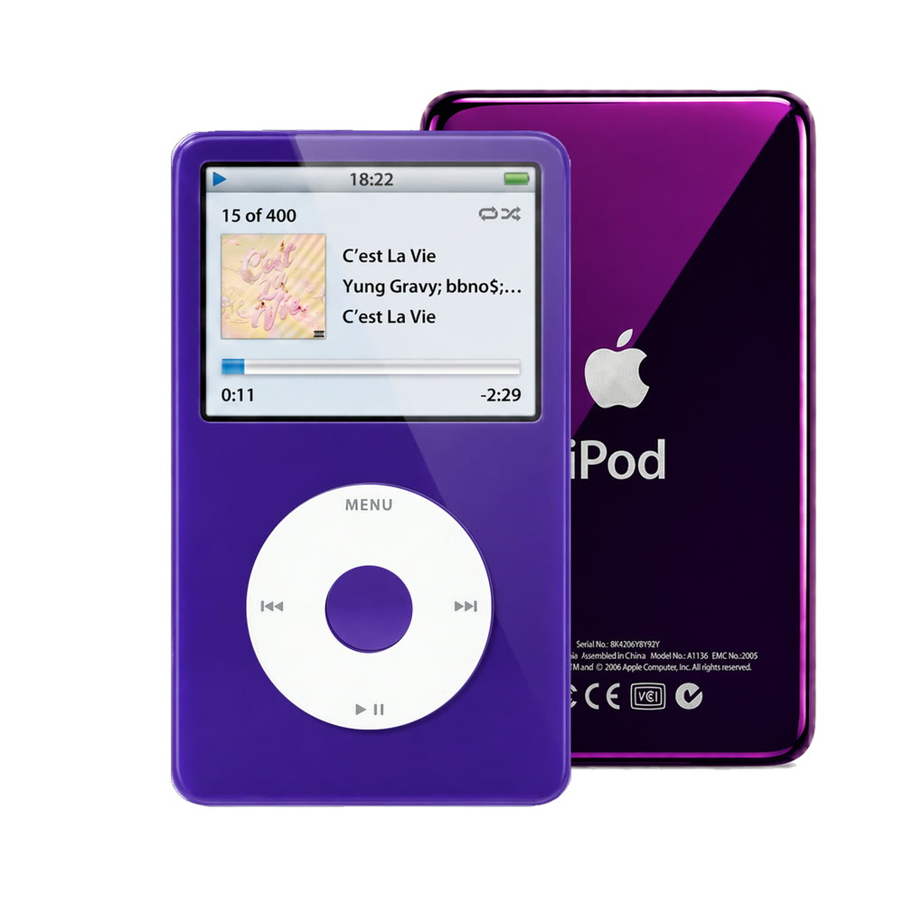 Purple refurbished iPod Video 5.5 Gen with White click wheel and Purple back plate