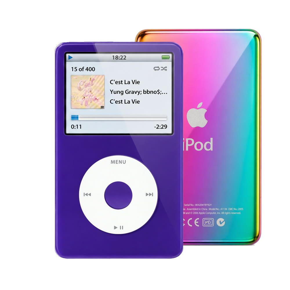 Purple refurbished iPod Video 5.5 Gen with White click wheel and Rainbow back plate