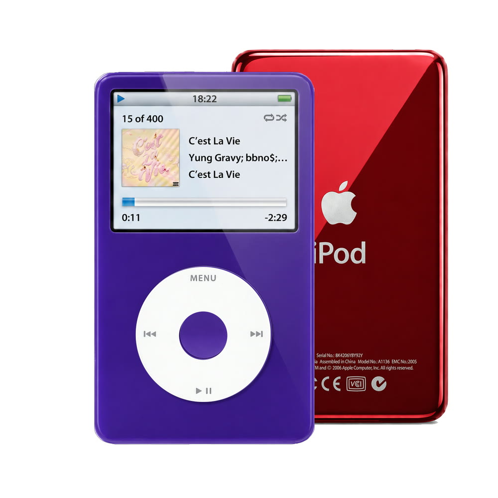 Purple refurbished iPod Video 5.5 Gen with White click wheel and Red back plate