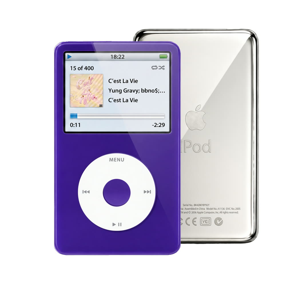 Purple refurbished iPod Video 5.5 Gen with White click wheel and Silver back plate