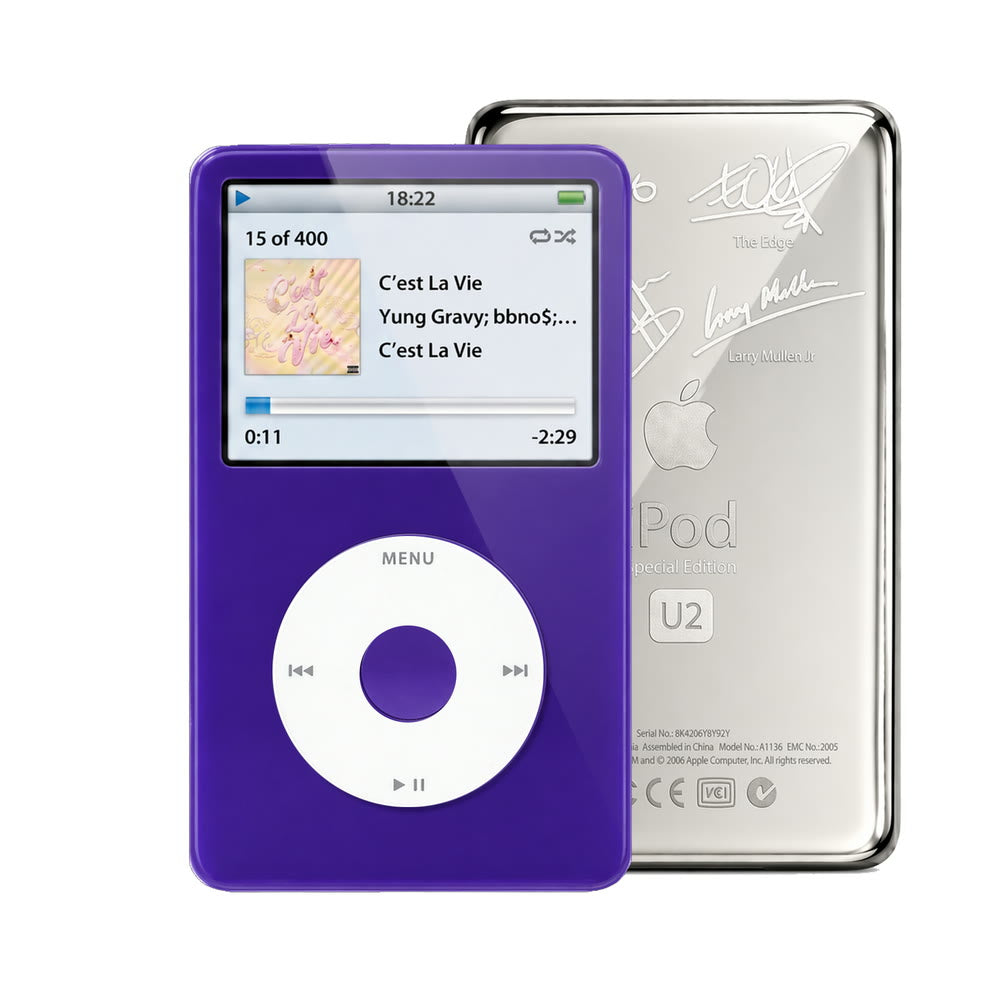 Purple refurbished iPod Video 5.5 Gen with White click wheel and Silver U2 back plate
