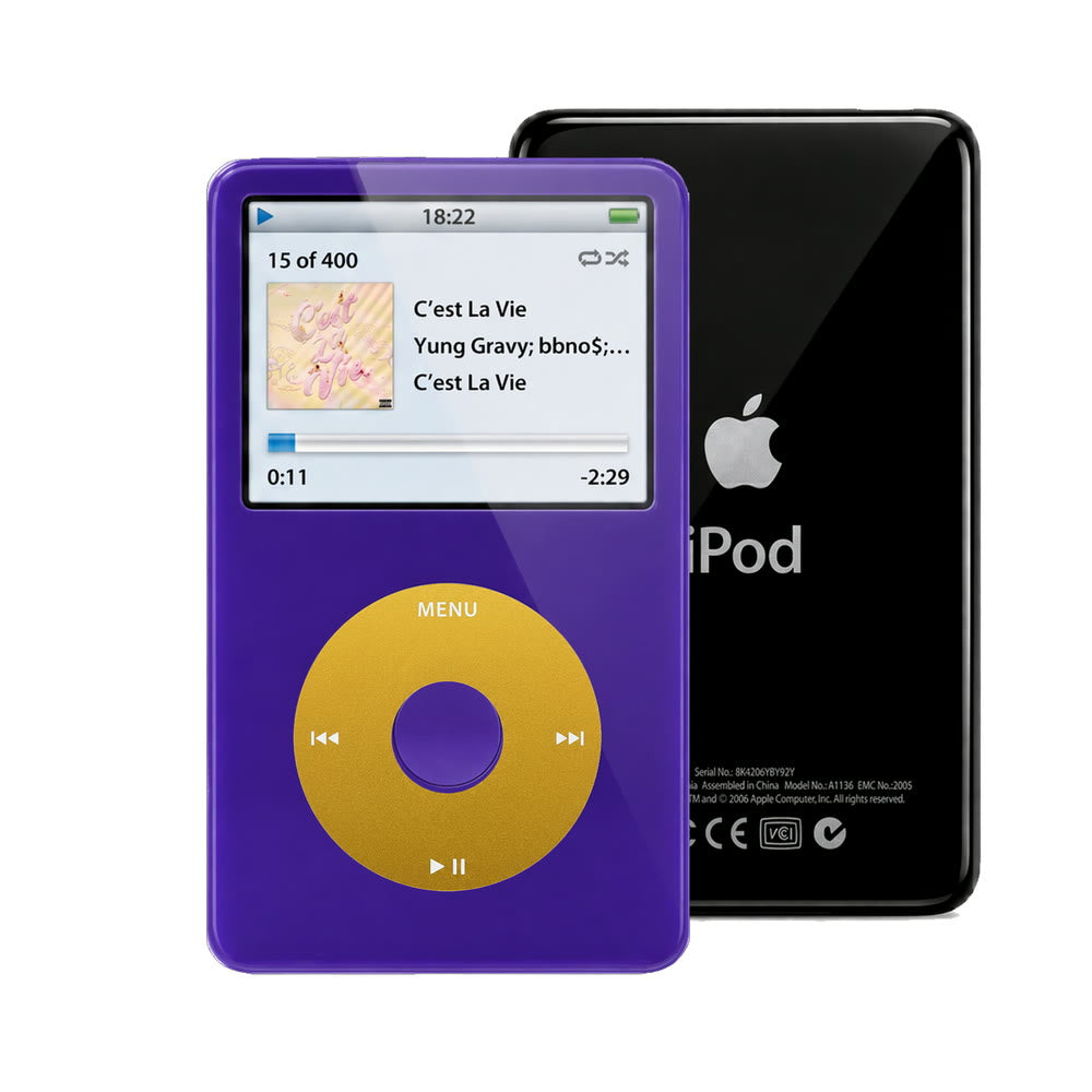 Purple refurbished iPod Video 5.5 Gen with Yellow click wheel and Black back plate