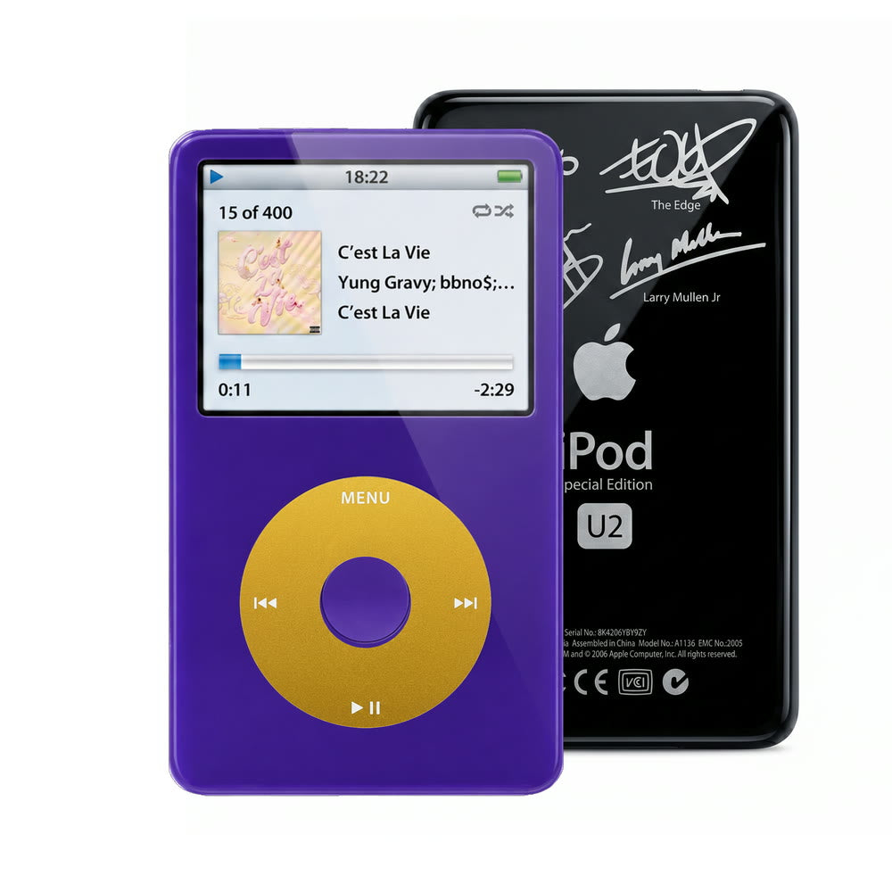 Purple refurbished iPod Video 5.5 Gen with Yellow click wheel and Black U2 back plate