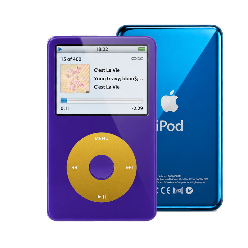 Purple refurbished iPod Video 5.5 Gen with Yellow click wheel and Blue back plate