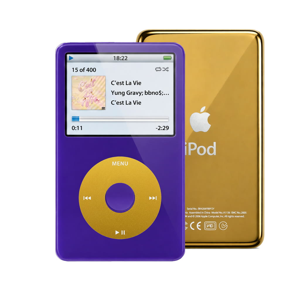 Purple refurbished iPod Video 5.5 Gen with Yellow click wheel and Gold back plate