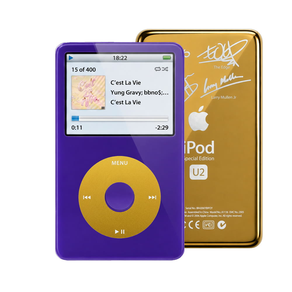 Purple refurbished iPod Video 5.5 Gen with Yellow click wheel and Gold U2 back plate