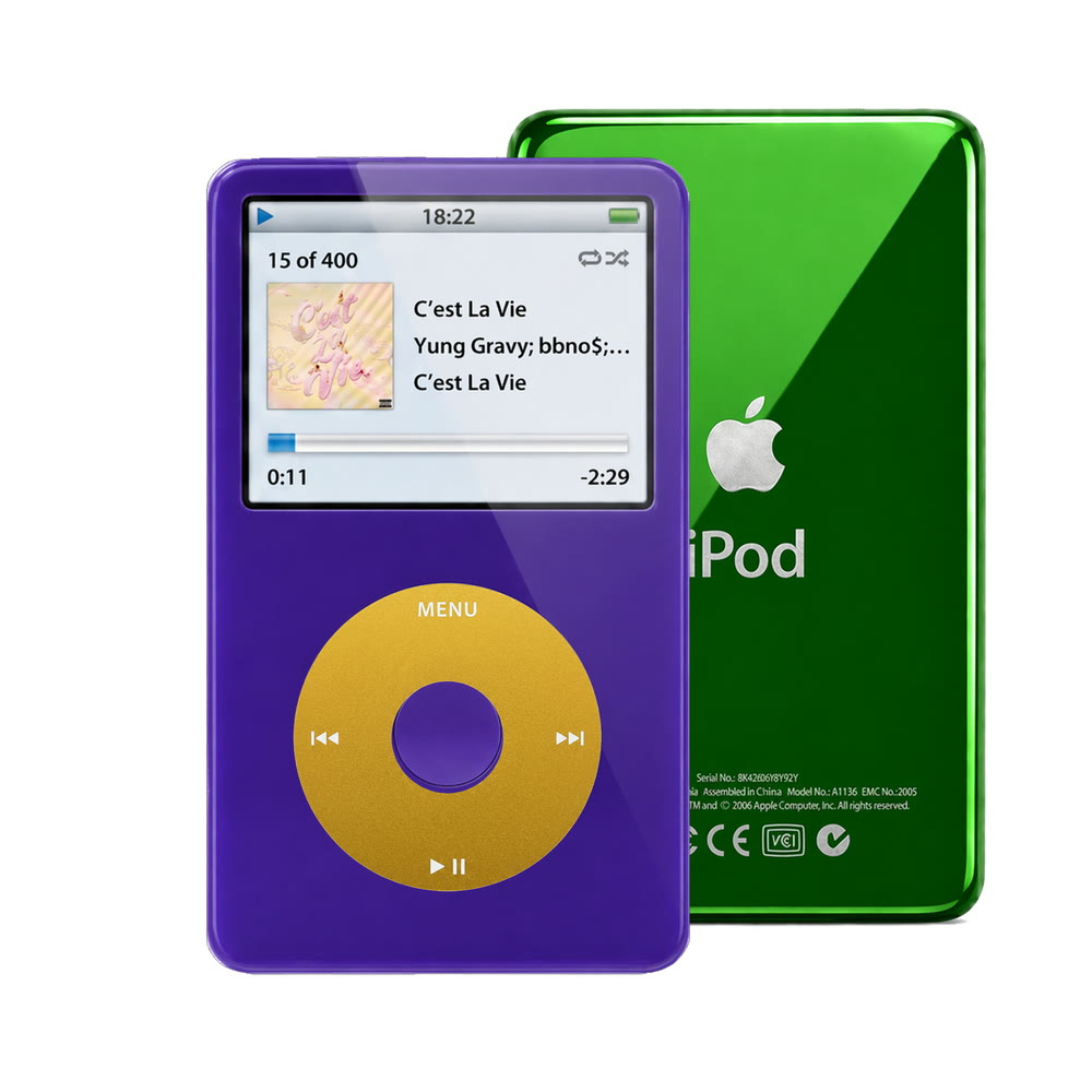 Purple refurbished iPod Video 5.5 Gen with Yellow click wheel and Green back plate