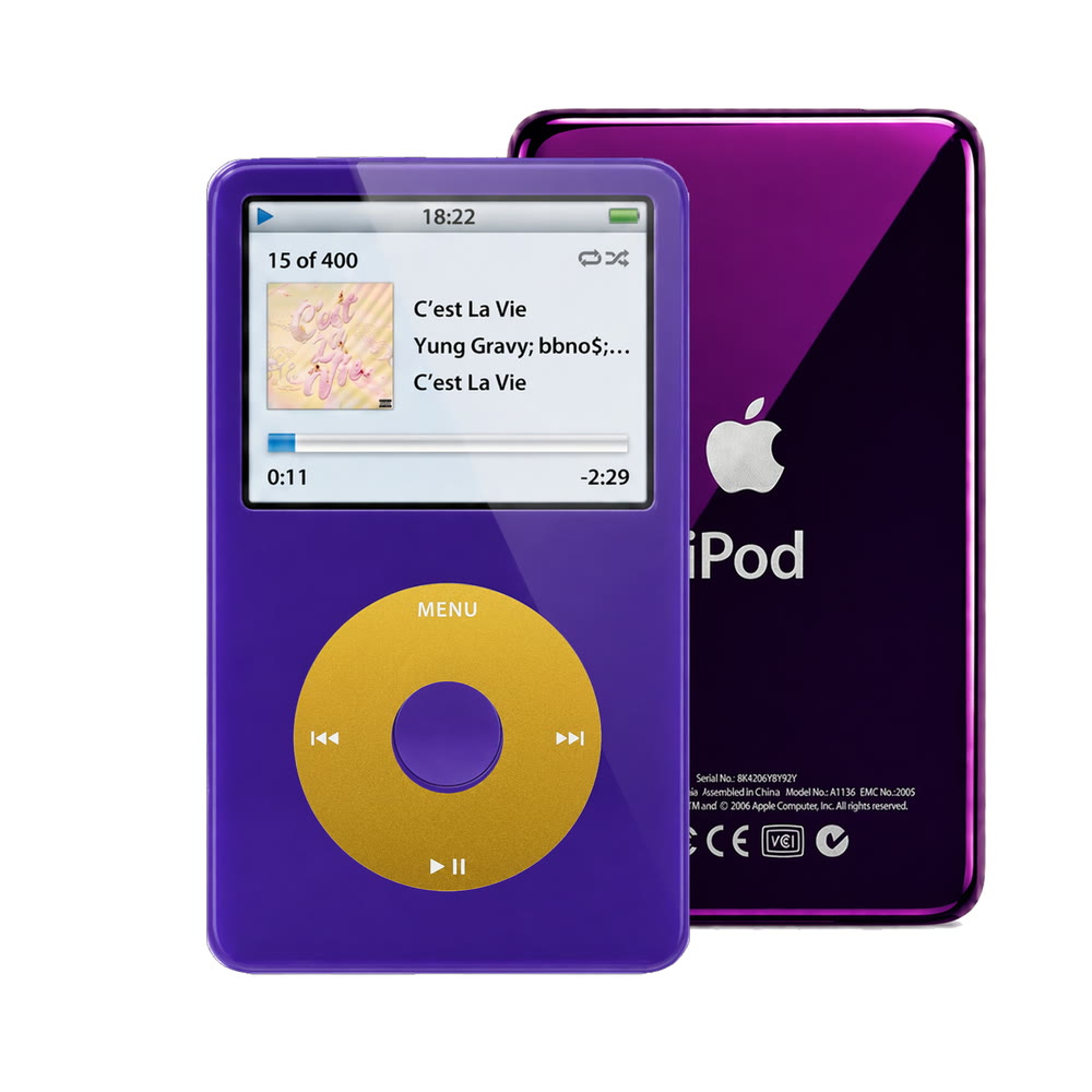Purple refurbished iPod Video 5.5 Gen with Yellow click wheel and Purple back plate