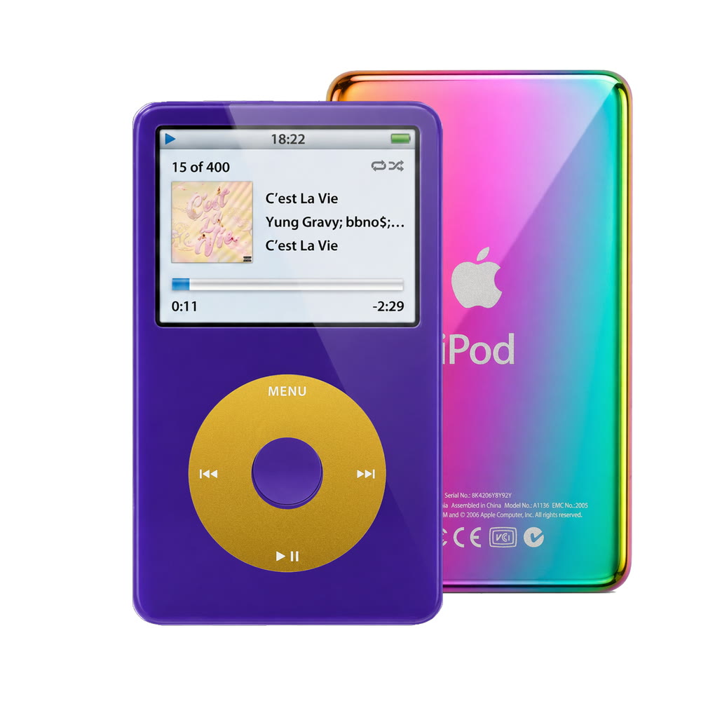Purple refurbished iPod Video 5.5 Gen with Yellow click wheel and Rainbow back plate