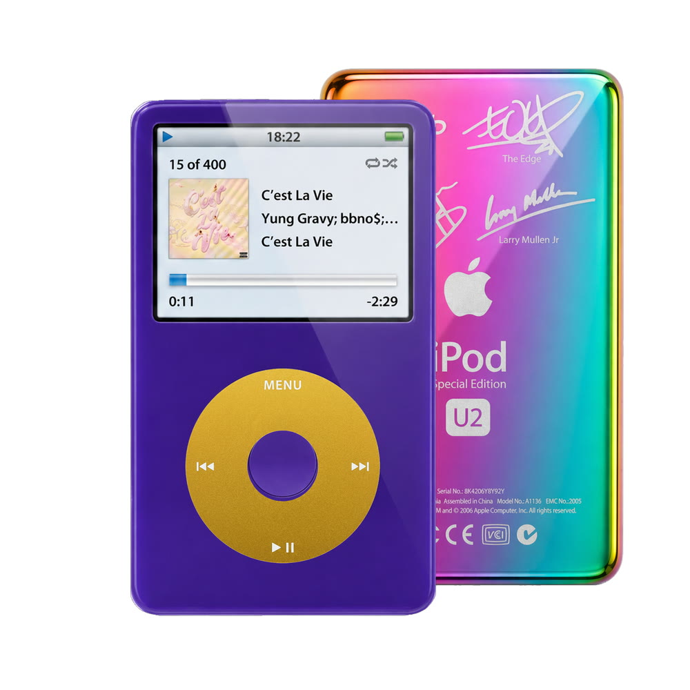 Purple refurbished iPod Video 5.5 Gen with Yellow click wheel and Rainbow U2 back plate