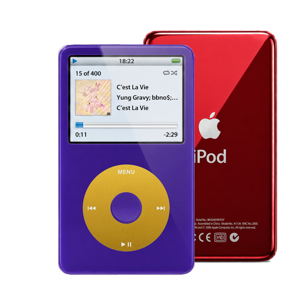 Purple refurbished iPod Video 5.5 Gen with Yellow click wheel and Red back plate