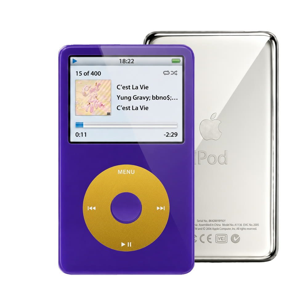 Purple refurbished iPod Video 5.5 Gen with Yellow click wheel and Silver back plate