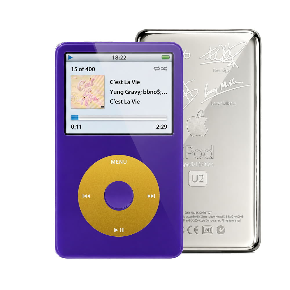 Purple refurbished iPod Video 5.5 Gen with Yellow click wheel and Silver U2 back plate