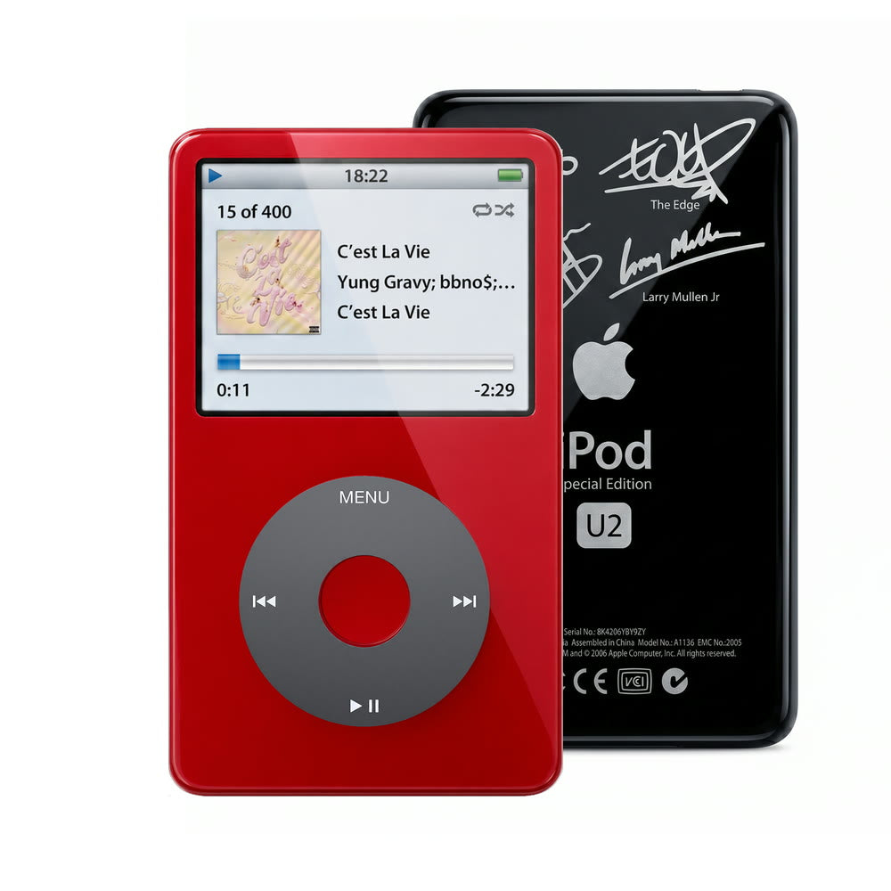 Red refurbished iPod Video 5.5 Gen with Black click wheel and Black U2 back plate