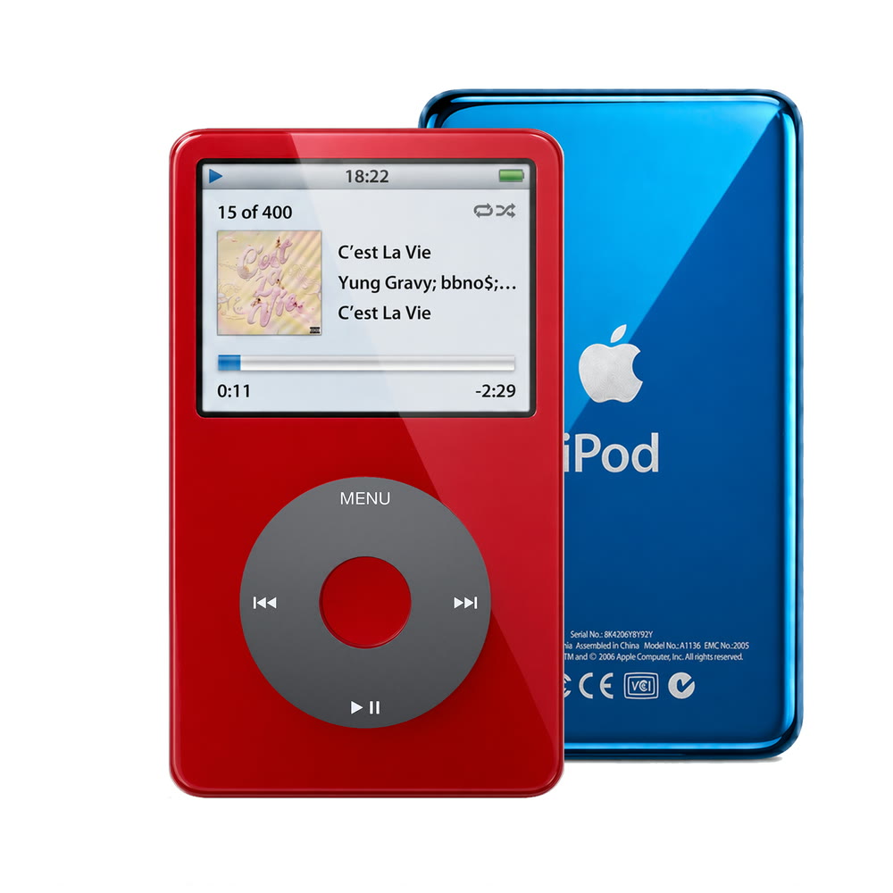 Red refurbished iPod Video 5.5 Gen with Black click wheel and Blue back plate