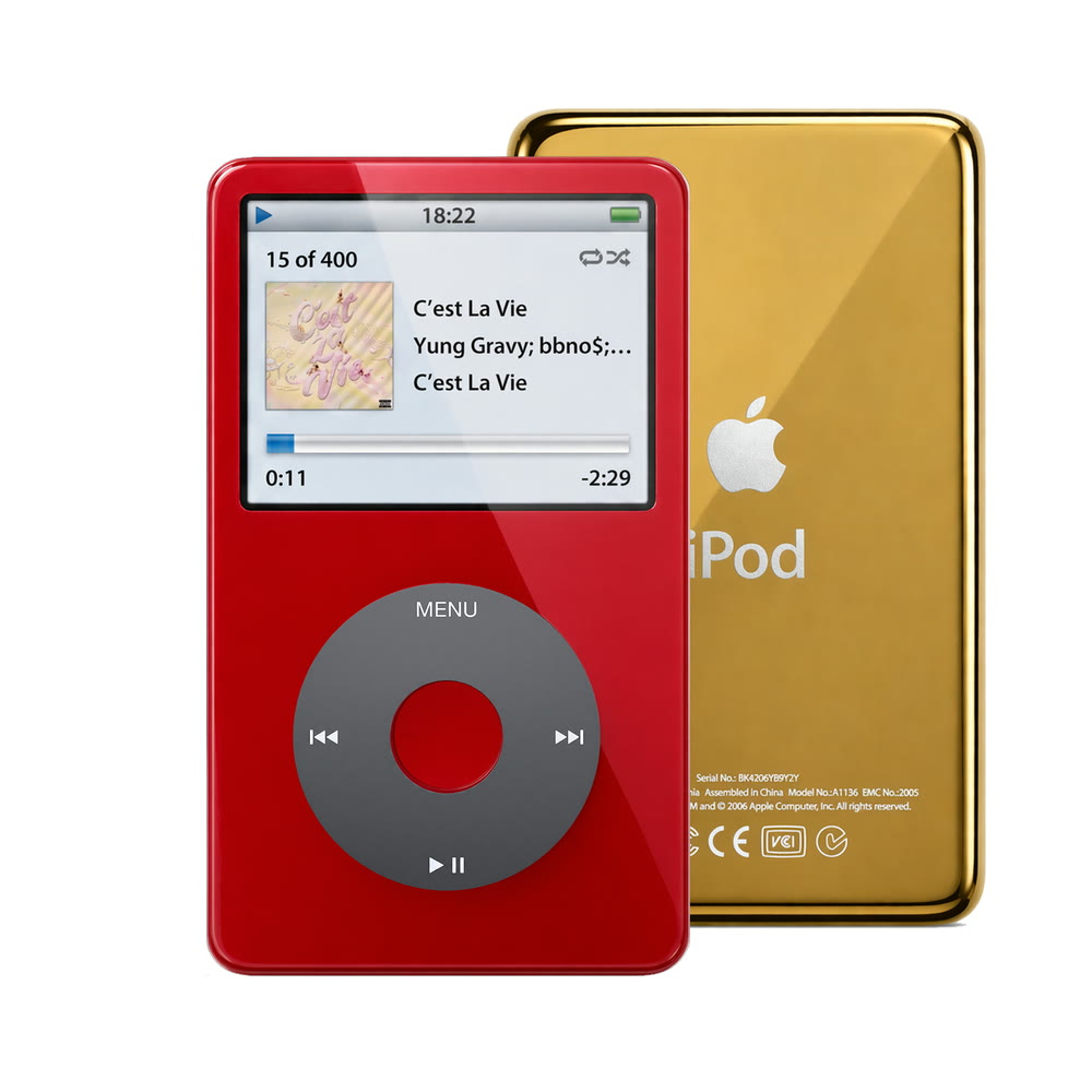 Red refurbished iPod Video 5.5 Gen with Black click wheel and Gold back plate