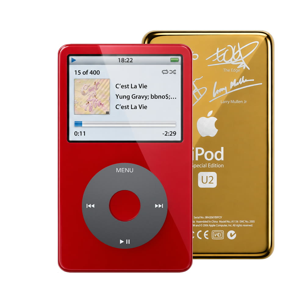 Red refurbished iPod Video 5.5 Gen with Black click wheel and Gold U2 back plate