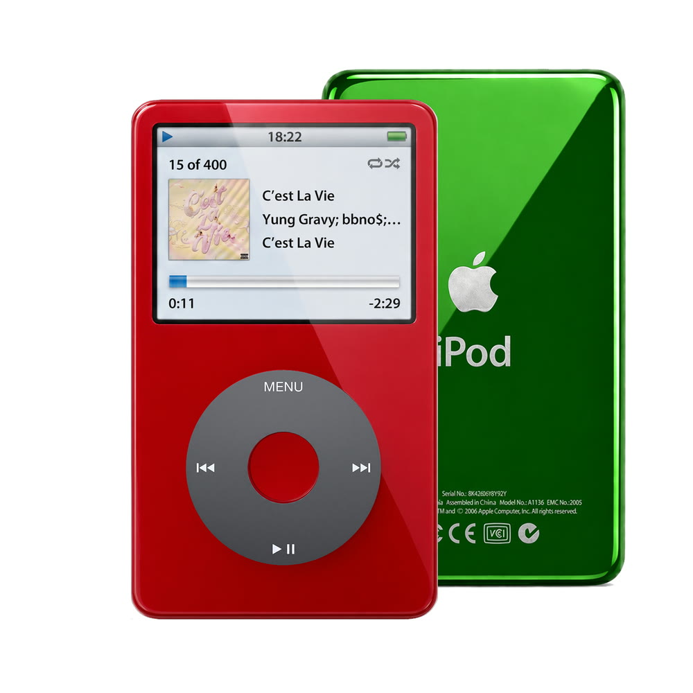 Red refurbished iPod Video 5.5 Gen with Black click wheel and Green back plate