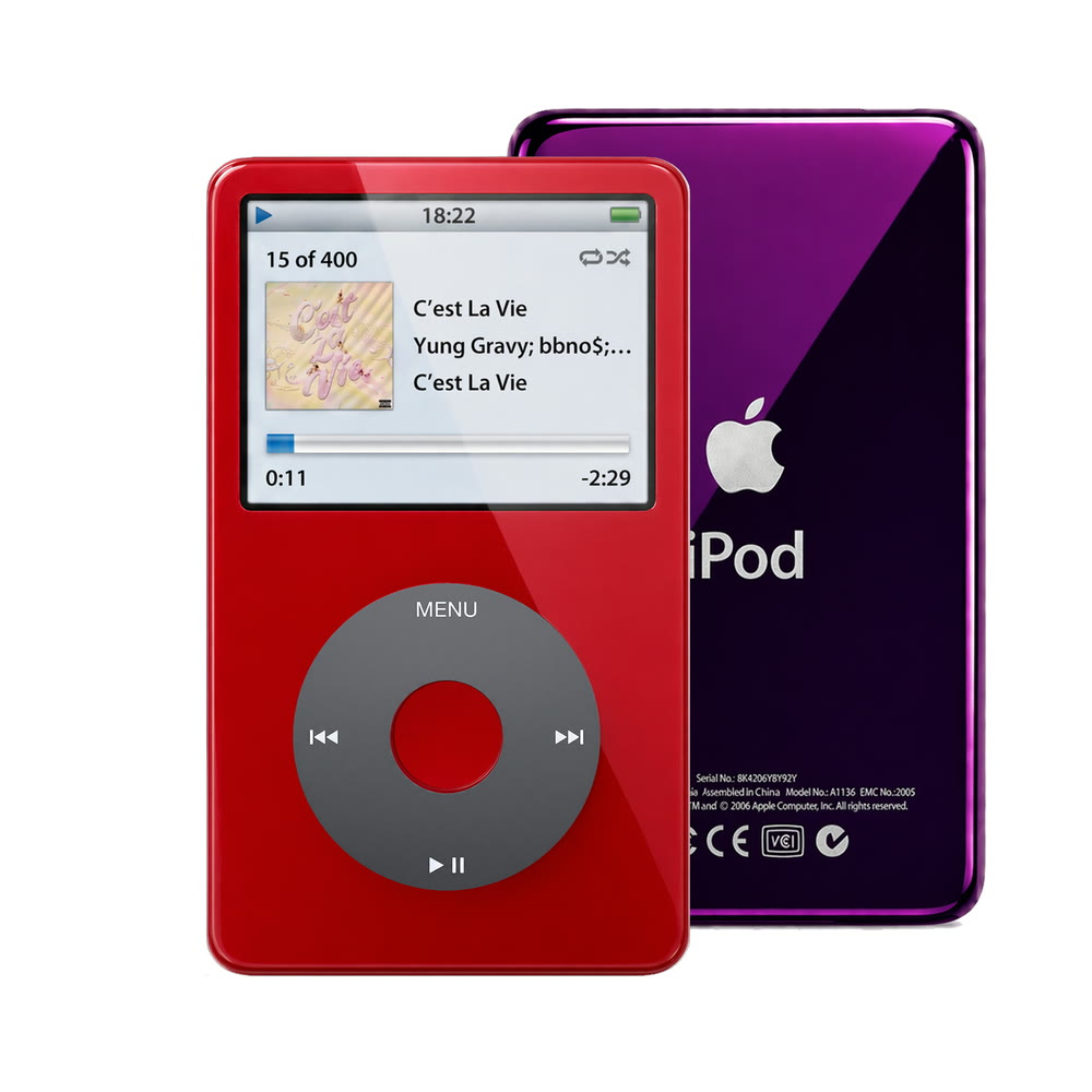 Red refurbished iPod Video 5.5 Gen with Black click wheel and Purple back plate