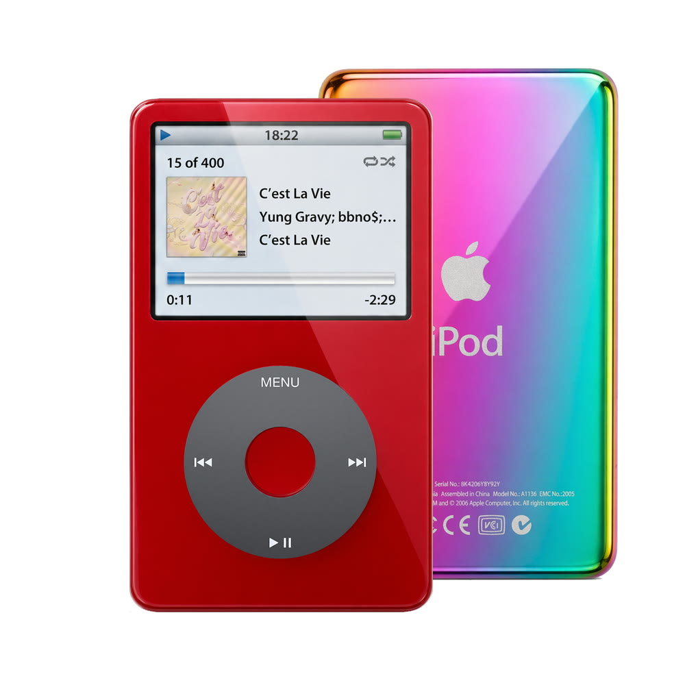 Red refurbished iPod Video 5.5 Gen with Black click wheel and Rainbow back plate