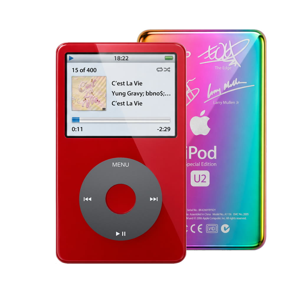 Red refurbished iPod Video 5.5 Gen with Black click wheel and Rainbow U2 back plate