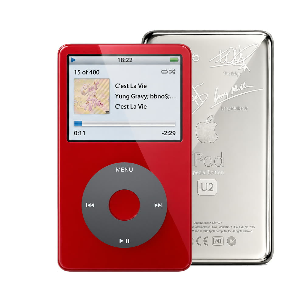 Red refurbished iPod Video 5.5 Gen with Black click wheel and Silver U2 back plate