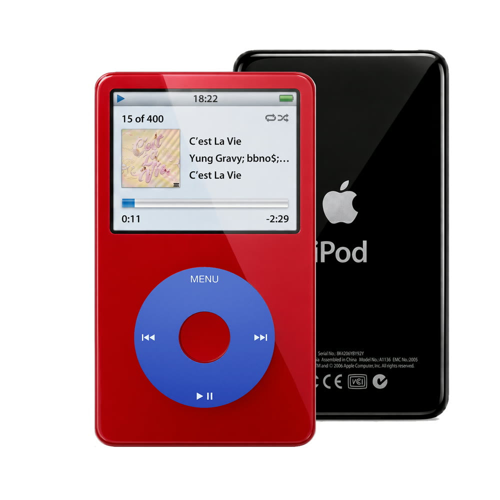 Red refurbished iPod Video 5.5 Gen with Blue click wheel and Black back plate