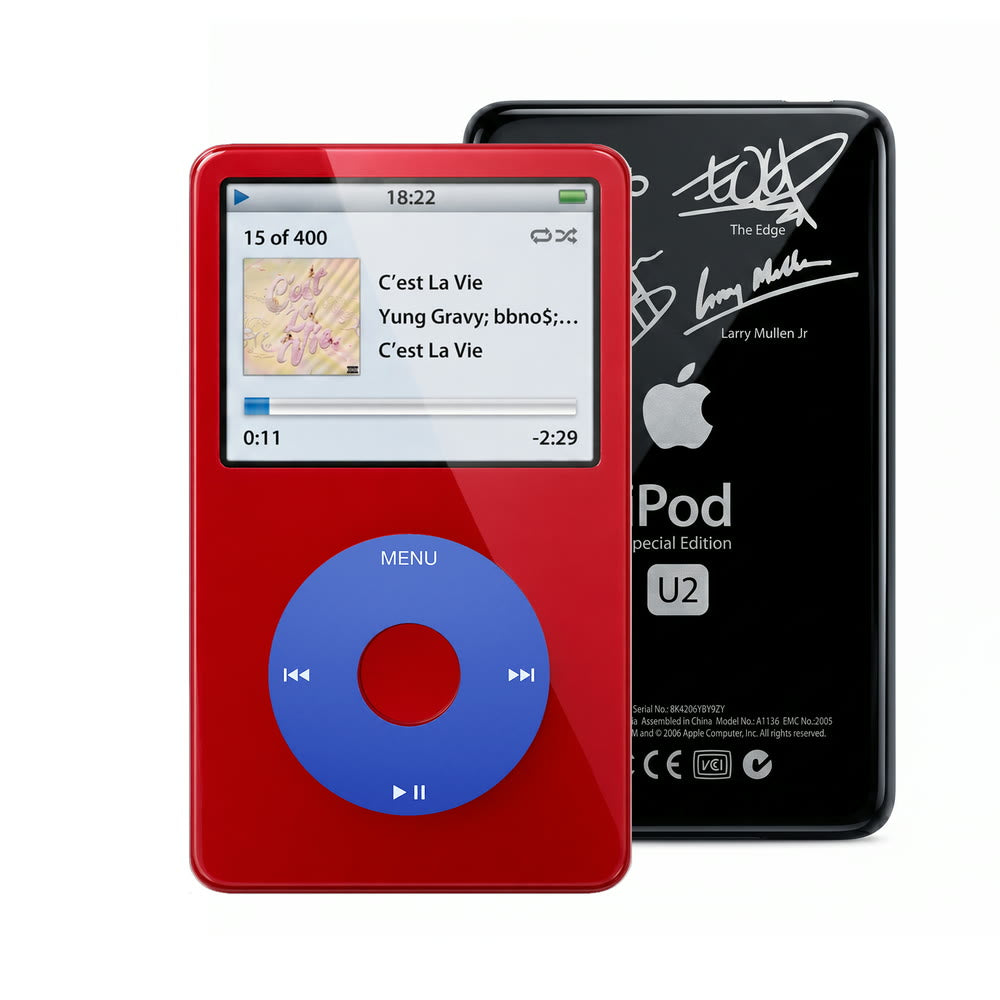 Red refurbished iPod Video 5.5 Gen with Blue click wheel and Black U2 back plate