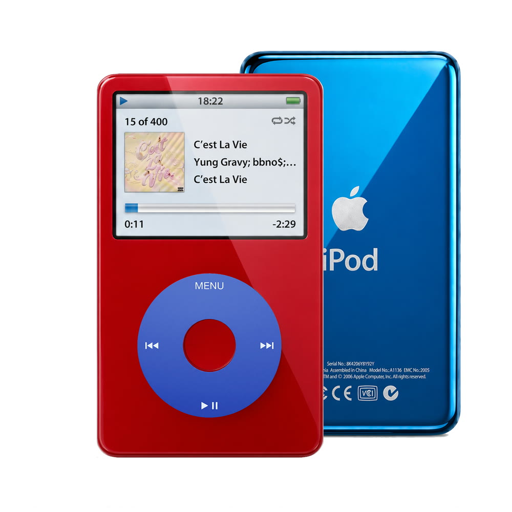 Red refurbished iPod Video 5.5 Gen with Blue click wheel and Blue back plate