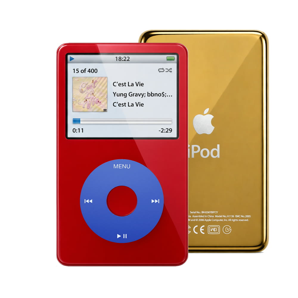 Red refurbished iPod Video 5.5 Gen with Blue click wheel and Gold back plate