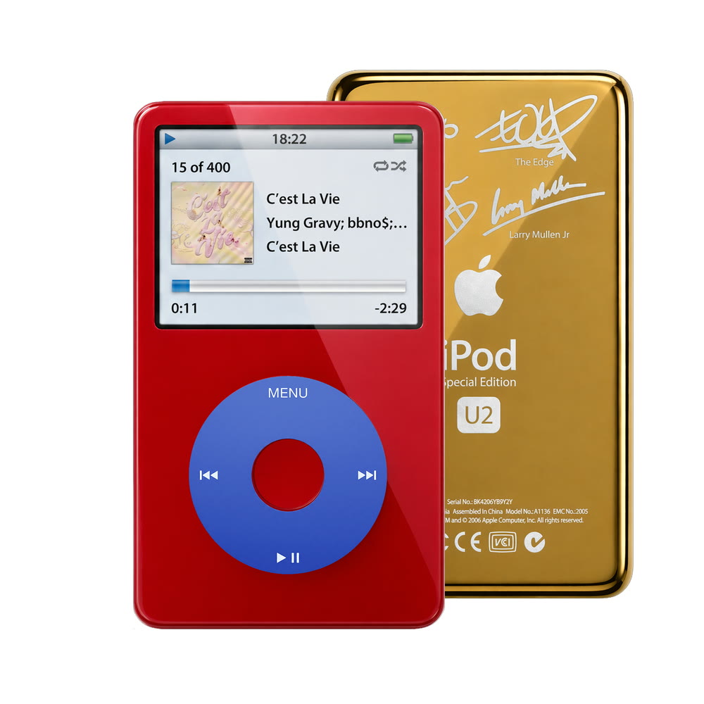 Red refurbished iPod Video 5.5 Gen with Blue click wheel and Gold U2 back plate
