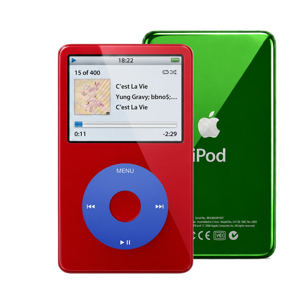 Red refurbished iPod Video 5.5 Gen with Blue click wheel and Green back plate