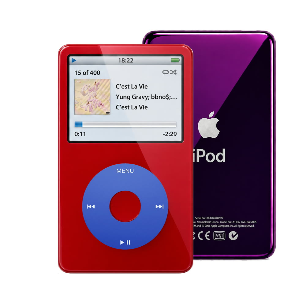 Red refurbished iPod Video 5.5 Gen with Blue click wheel and Purple back plate