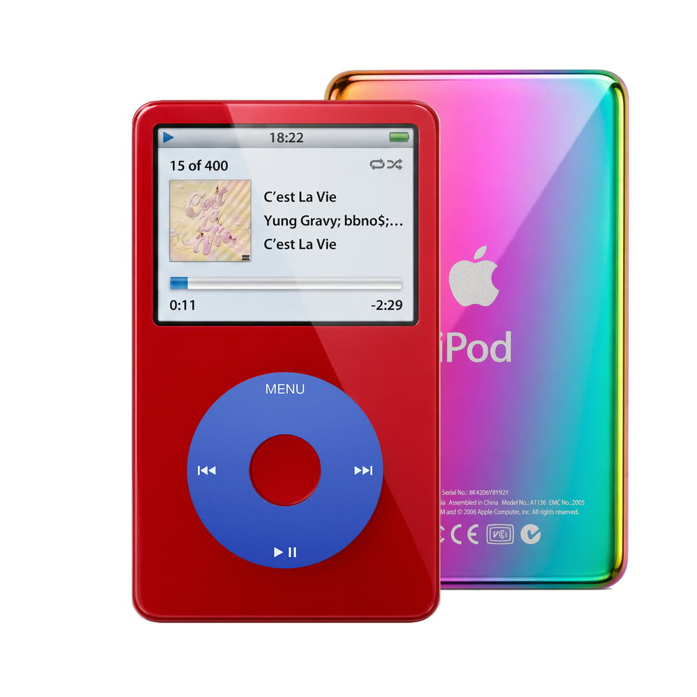 Red refurbished iPod Video 5.5 Gen with Blue click wheel and Rainbow back plate