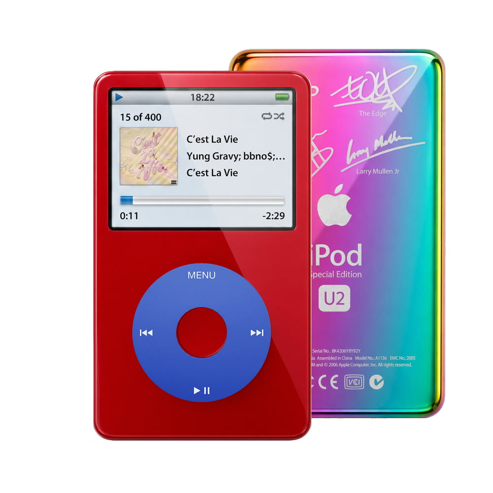 Red refurbished iPod Video 5.5 Gen with Blue click wheel and Rainbow U2 back plate