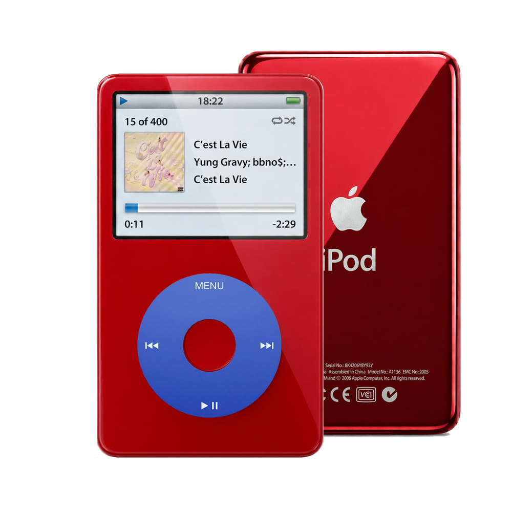 Red refurbished iPod Video 5.5 Gen with Blue click wheel and Red back plate