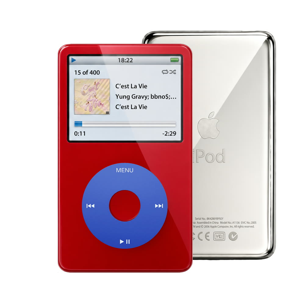 Red refurbished iPod Video 5.5 Gen with Blue click wheel and Silver back plate