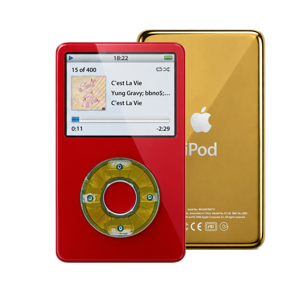 Red refurbished iPod Video 5.5 Gen with Clear Blue click wheel and Gold back plate