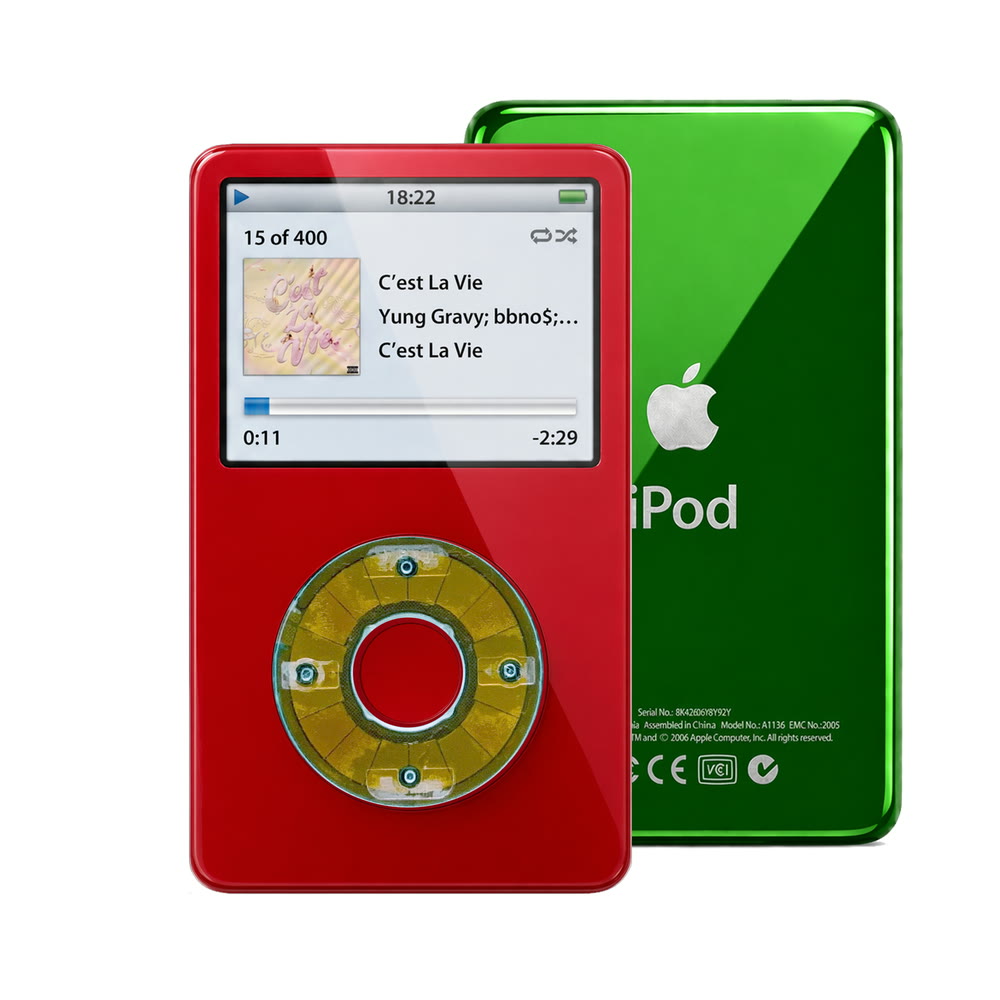 Red refurbished iPod Video 5.5 Gen with Clear Blue click wheel and Green back plate
