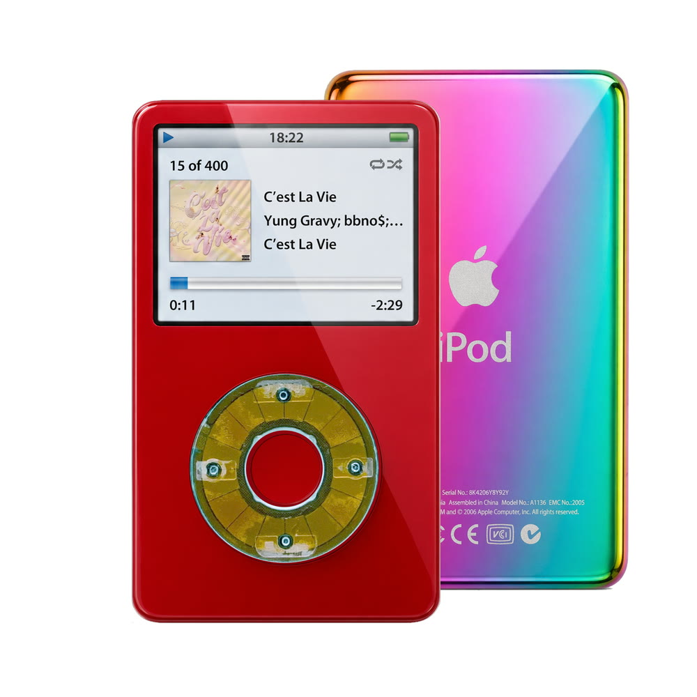 Red refurbished iPod Video 5.5 Gen with Clear Blue click wheel and Rainbow back plate