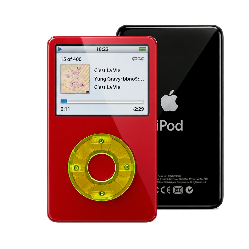Red refurbished iPod Video 5.5 Gen with Clear Green click wheel and Black back plate