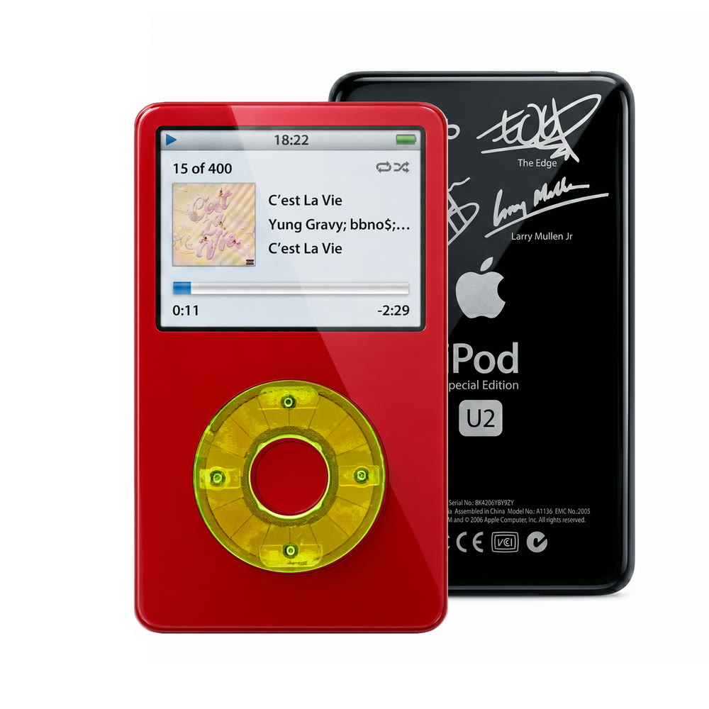 Red refurbished iPod Video 5.5 Gen with Clear Green click wheel and Black U2 back plate