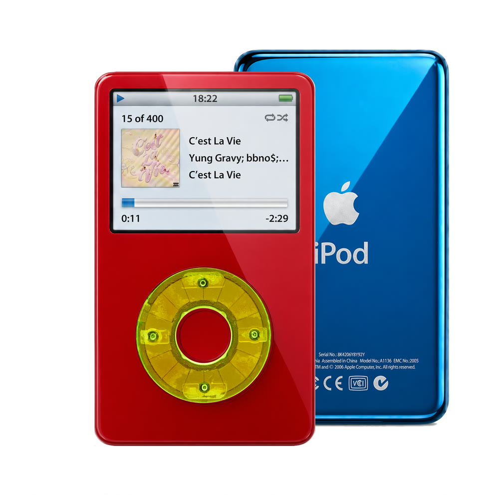 Red refurbished iPod Video 5.5 Gen with Clear Green click wheel and Blue back plate