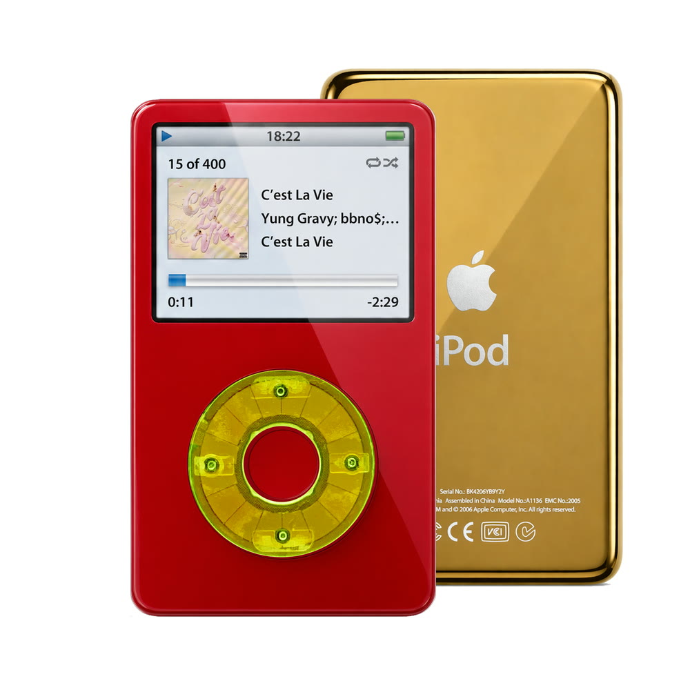 Red refurbished iPod Video 5.5 Gen with Clear Green click wheel and Gold back plate