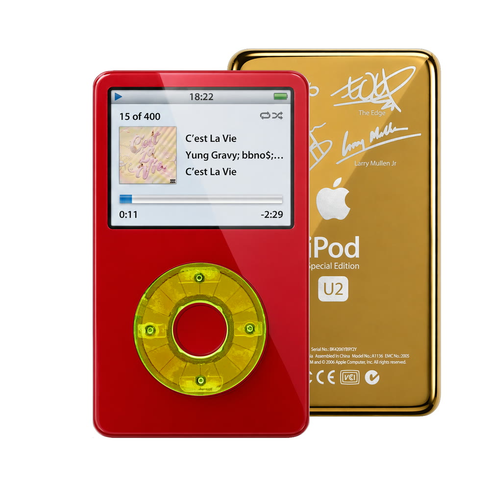 Red refurbished iPod Video 5.5 Gen with Clear Green click wheel and Gold U2 back plate
