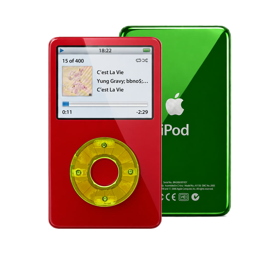 Red refurbished iPod Video 5.5 Gen with Clear Green click wheel and Green back plate