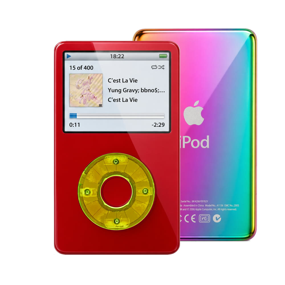 Red refurbished iPod Video 5.5 Gen with Clear Green click wheel and Rainbow back plate