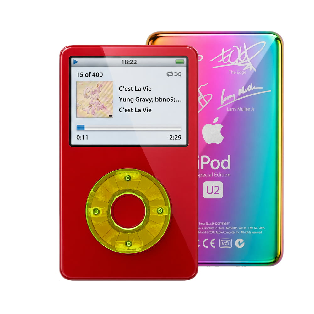 Red refurbished iPod Video 5.5 Gen with Clear Green click wheel and Rainbow U2 back plate