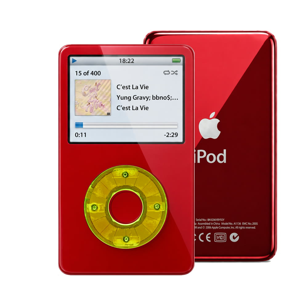 Red refurbished iPod Video 5.5 Gen with Clear Green click wheel and Red back plate